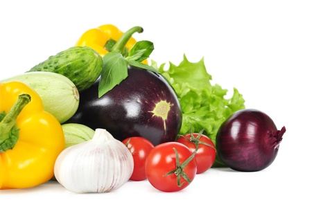 fresh vegetables with leaves isolated on white backgroundの写真素材