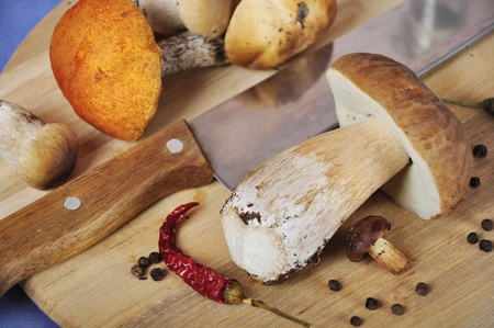 Some mushrooms on wooden cutting board, spices, oil and knifeの写真素材