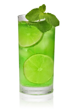 Drink with lime, ice and mint isolated on white backgroundの写真素材