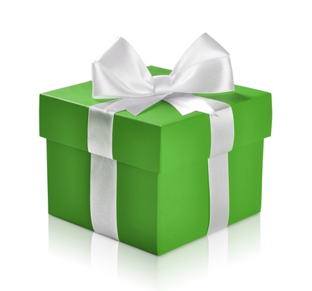 Green gift box with white ribbon isolated on white background. Clipping path included.の写真素材