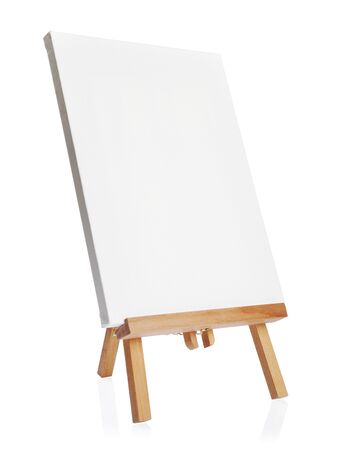 wooden easel with blank canvas isolated on white backgroundの写真素材