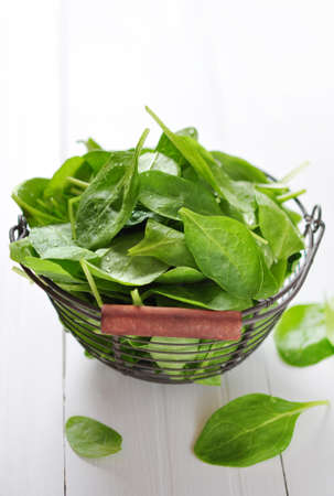 Fresh spinach leaves in a vintage metal basket on a white wooden backgroundの写真素材
