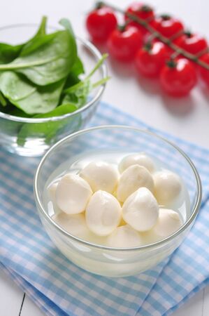 Mozzarella, tomatoes and basil on white wooden backgroundの写真素材