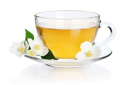 Cup of green tea with jasmine flowers isolated on white background. Clipping path  included.の写真素材