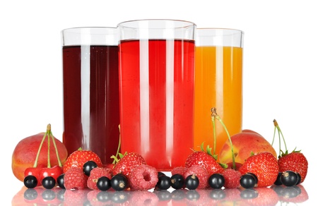 Berry juice in glasses with fresh berries isolated on white backgroundの写真素材