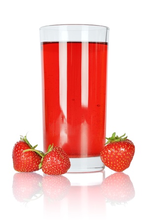 Fresh strawberry and glass of  juice isolated on whiteの写真素材