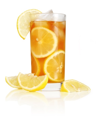 glass of ice tea with lemon on white backgroundの写真素材