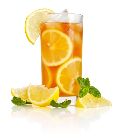 Glass of ice tea with lemon and mint on white backgroundの写真素材