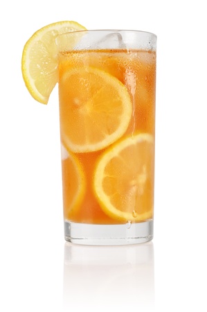 glass of ice tea with lemon on white backgroundの写真素材