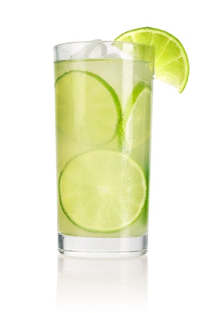Drink with lime and ice isolated on white backgroundの写真素材