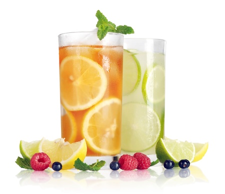 Drink with lemon, lime and mint on white backgroundの写真素材