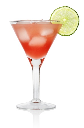 Red Cosmopolitan Cocktail  with a slice of a lime, isolated on a white backgroundの写真素材