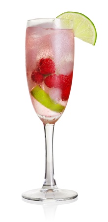 cocktail with fresh raspberry  and lime in glass isolated on whiteの写真素材