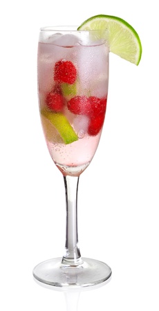 cocktail with fresh raspberry  and lime in glass isolated on whiteの写真素材