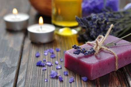 Herbal soap with oil, sea salt and lavander flowersの写真素材