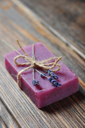Lavander handmade soap with lavander flower over wooden backgroundの写真素材