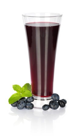 Glass of fresh blueberry juice with fresh  blueberries on whiteの写真素材