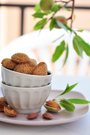 unpeeled almonds nuts in ceramic bowl with  twigs of almond treeの写真素材