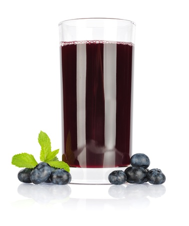 Glass of fresh blueberry juice with fresh blueberries on white with clipping pathの写真素材