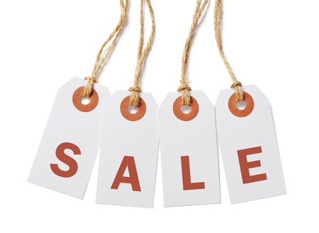 White tags lettering "sale" isolated on white backgroundの写真素材