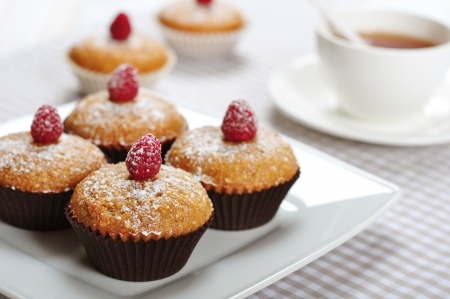 Diet muffins with bran  and fresh raspberries on plateの写真素材