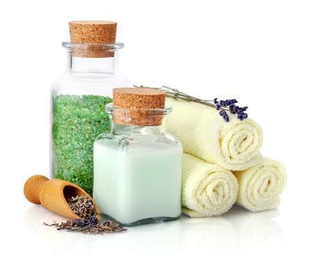 Spa composition with towels, lavender and sea salt isolated on white backgroundの写真素材