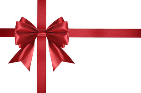 Red satin ribbon with bow isolated on white backgroundの写真素材