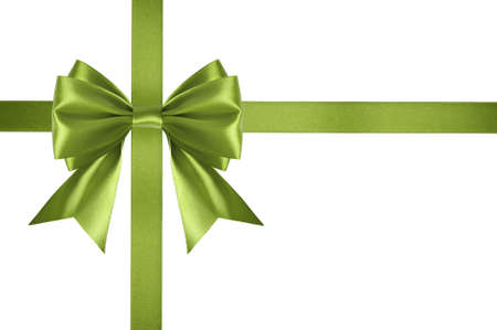 Green satin ribbon with bow isolated on white backgroundの写真素材