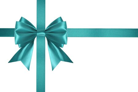Blue satin ribbon with bow isolated on white backgroundの写真素材