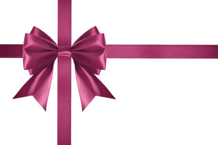 Pink satin ribbon with bow isolated on white backgroundの写真素材