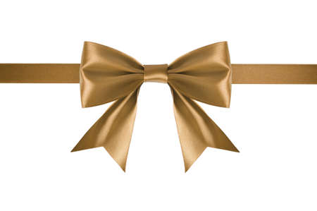 Golden satin ribbon with bow isolated on white backgroundの写真素材