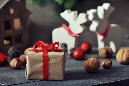 Christmas decorations with gift box and  lantern on wooden の写真素材