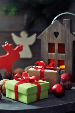 Christmas decorations with gift box and  lantern on wooden の写真素材