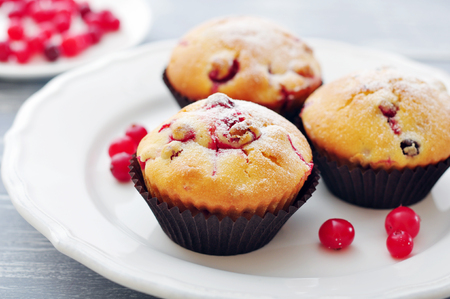Muffins with cranberry on plate closeup on wooden background  Small shallow DOFの写真素材