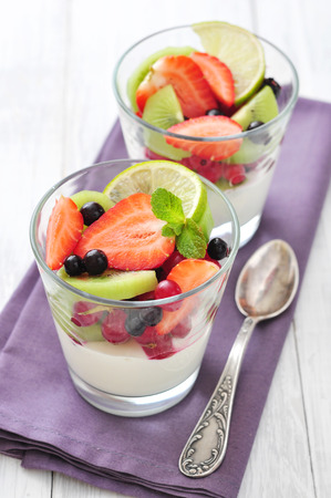 Dessert with yogurt and fresh berries in glass closeupの写真素材