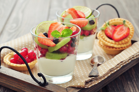 Dessert with yogurt and fresh berries in glass closeupの写真素材