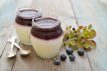 Dessert panna cotta with fresh blueberry on wooden backgroundの写真素材