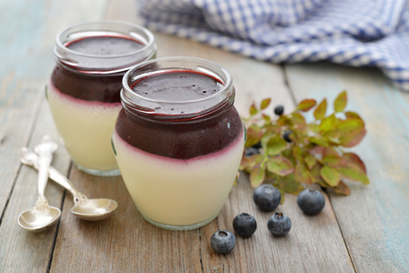Dessert panna cotta with fresh blueberry on wooden backgroundの写真素材