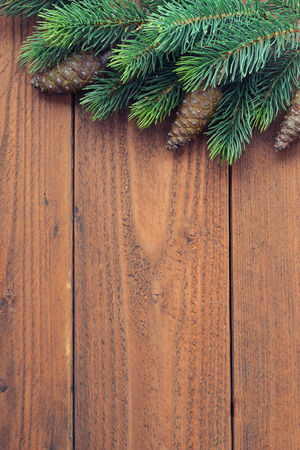 Fir tree branches with cones on wooden background closeupの写真素材