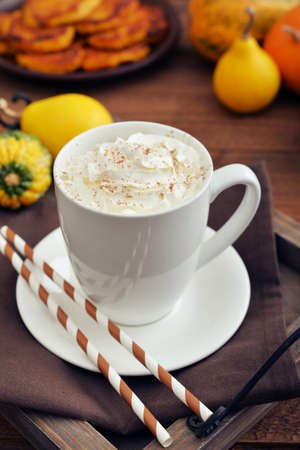 Pumpkin spice latte with whipped cream, cinnamon and decorative pumpkinsの写真素材