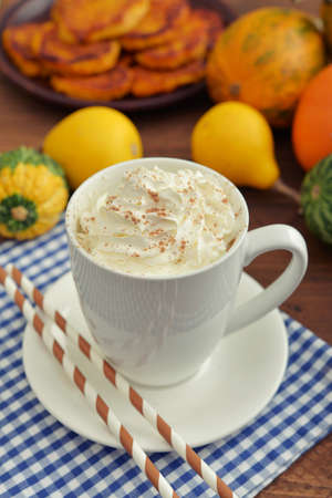 Pumpkin spice latter with whipped cream, cinnamon and decorative pumpkinsの写真素材