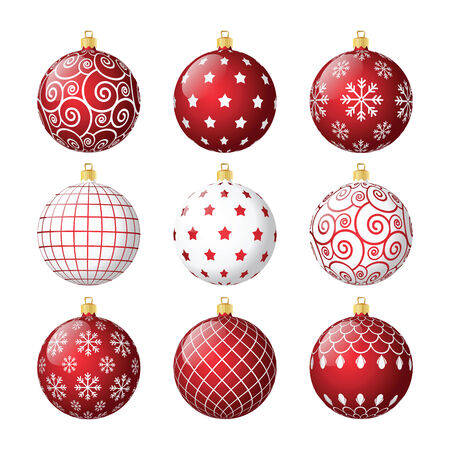Set of red and white vector christmas balls with different patternsのイラスト素材
