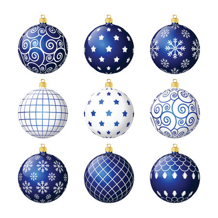 Set of blue and white vector christmas balls with different patternsのイラスト素材