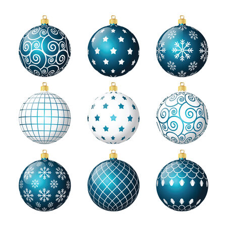 Set of blue and white vector christmas balls with different patternsのイラスト素材