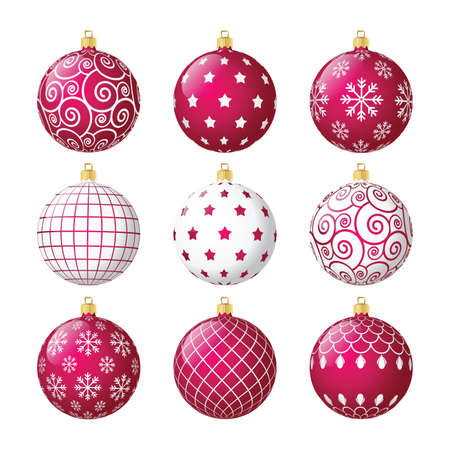 Set of pink and white vector christmas balls with different patternsのイラスト素材
