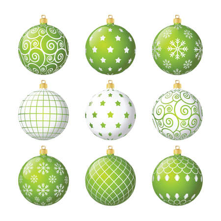 Set of green and white vector christmas balls with different patternsのイラスト素材