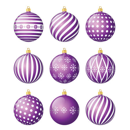 Set of violet vector christmas balls with different patternsのイラスト素材