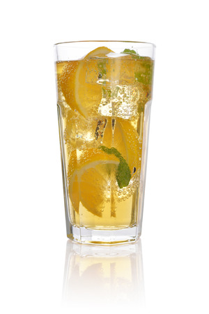 Drink with lemon, ice and mint isolated on white backgroundの写真素材