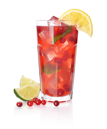 Red berry cocktail drink with cranberry and drink with lime isolated on white