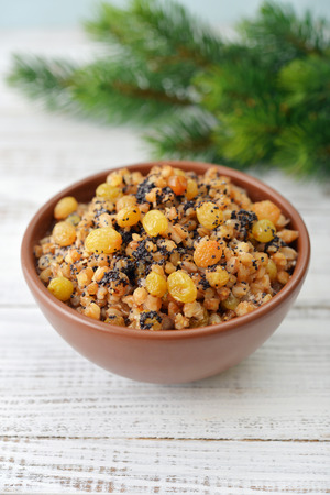 Traditional Christmas slavic dish with boiled wheat, raisins, nuts and honey.の写真素材